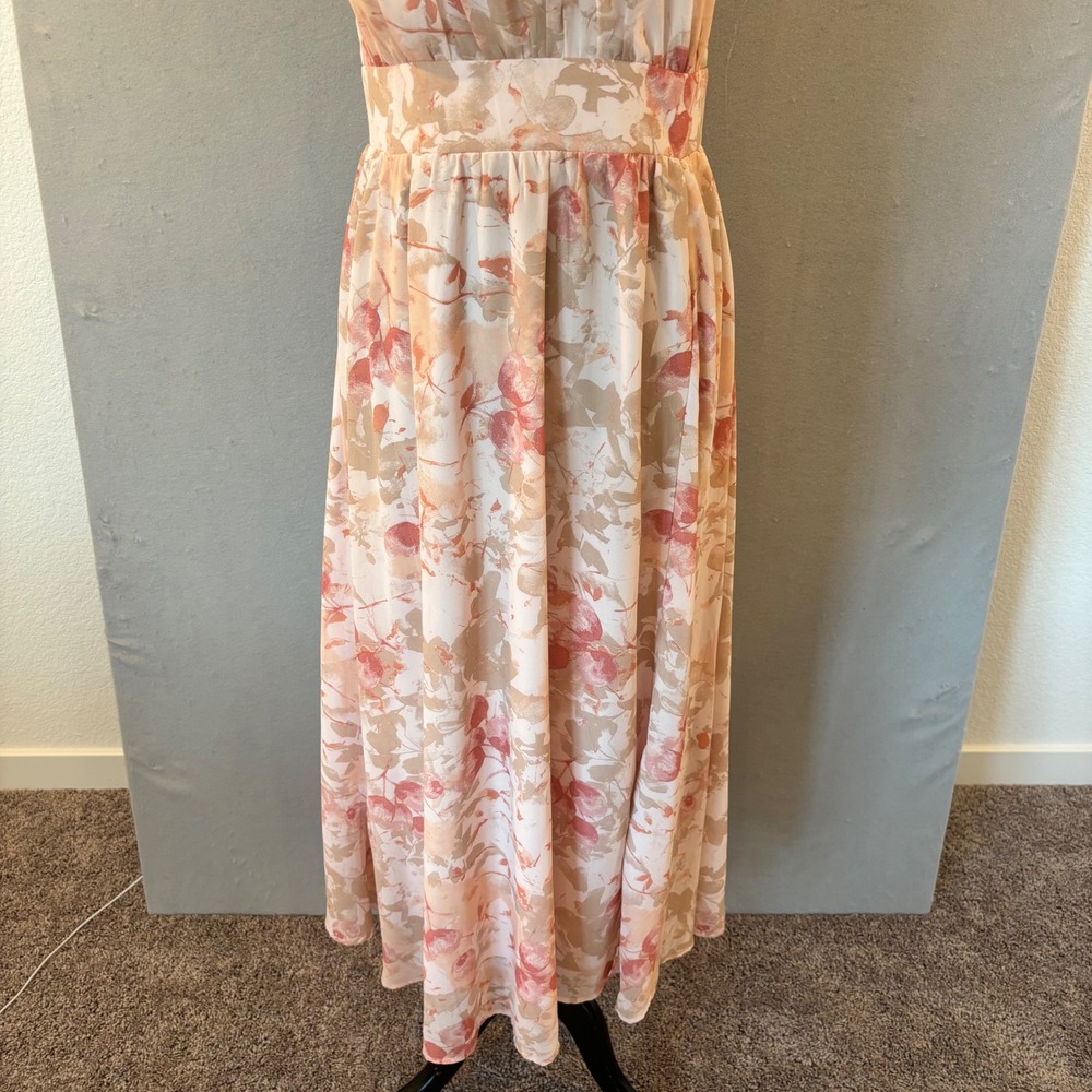 JJ's House Pearl Pink Floral Chiffon Halter Maxi Dress A-Line Wedding Guest L - Picture 9 of 10